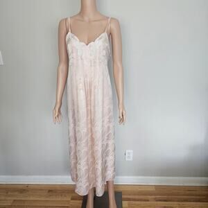 Natori Blush Pink Satin Jacquard Slip Dress Appliqué Tie Back Midi Loungewear M